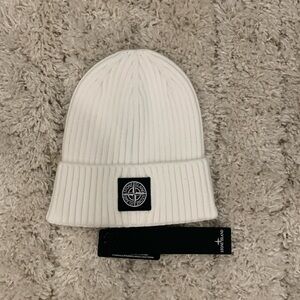Stone Island White Logo Patch Beanie Hat